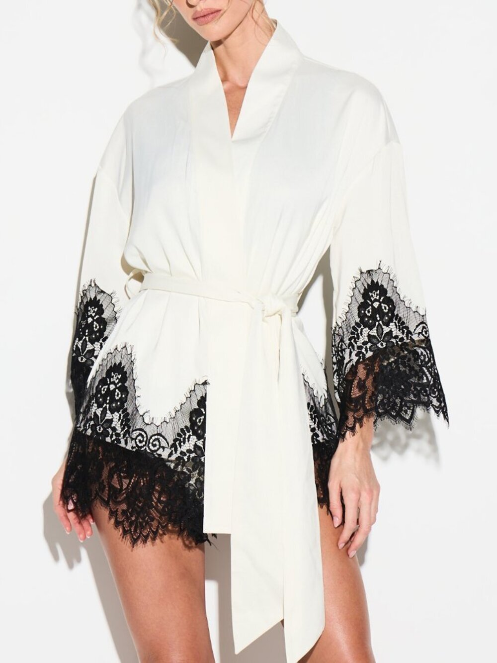 Satin Women's Lace Trim Belted Kimono Robe